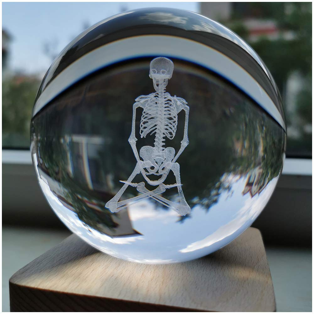 Sjdopulse 3D Crystal Human Skeleton Model - Educational Model Human Skeleton Anatomical Model - 3.9Inch Paperweight In Crystal Glass Round Cube - Included Led Base