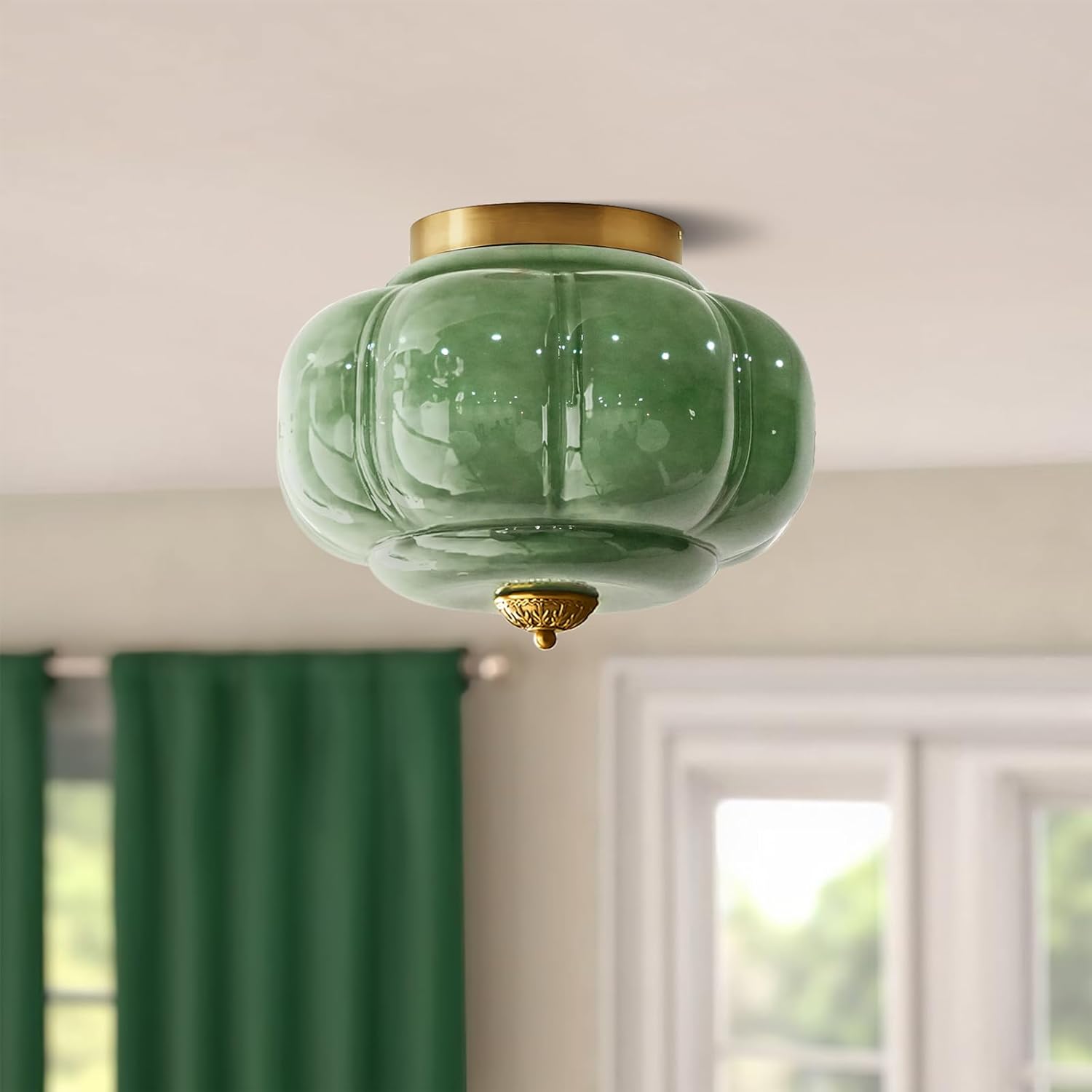 Milk Glass Ceiling Light Fixture - Farmhouse Antique Brass Semi Flush Mount Ceiling Light for Kitchen, Hallway, and Bedroom (Green 15 inch) Milk Green B 15 inch