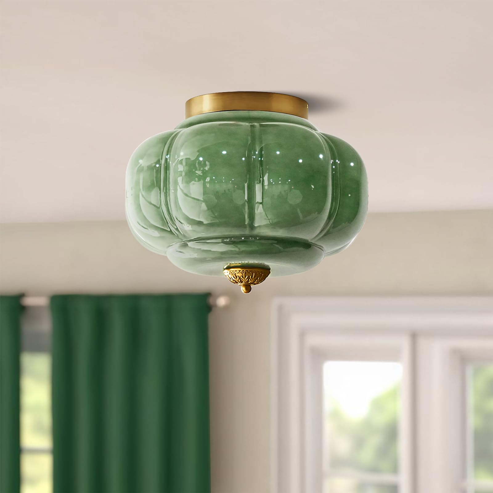 CKENSU Milk Glass Ceiling Light Fixture - Farmhouse Antique Brass Semi Flush Mount Ceiling Light for Kitchen, Hallway, and Bedroom (Green 15 inch)