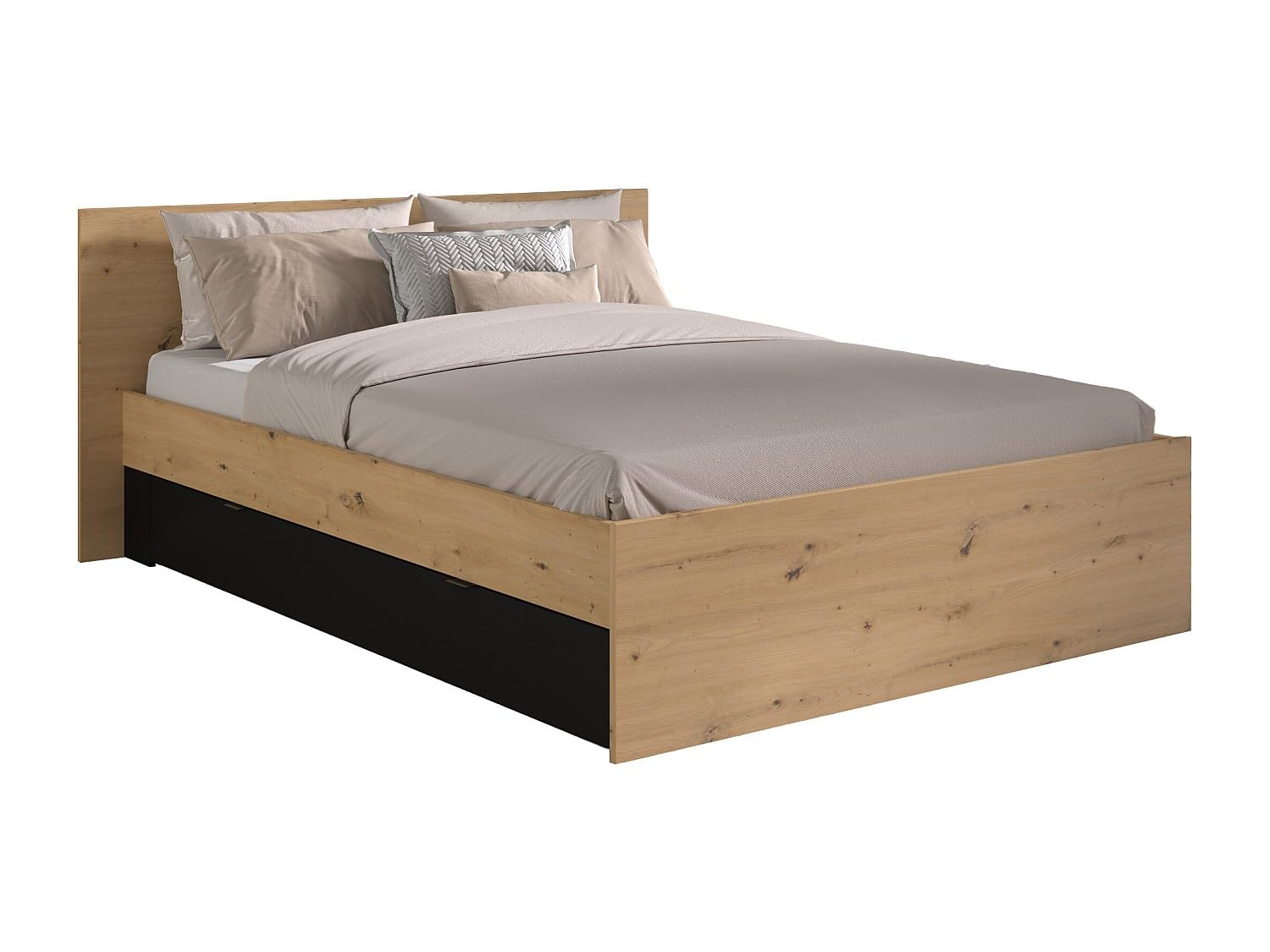 Vente-unique - Lit Pont 160 x 200 cm avec rangements - avec LEDs - Coloris : Naturel et Noir + Sommier + Matelas - VARLY