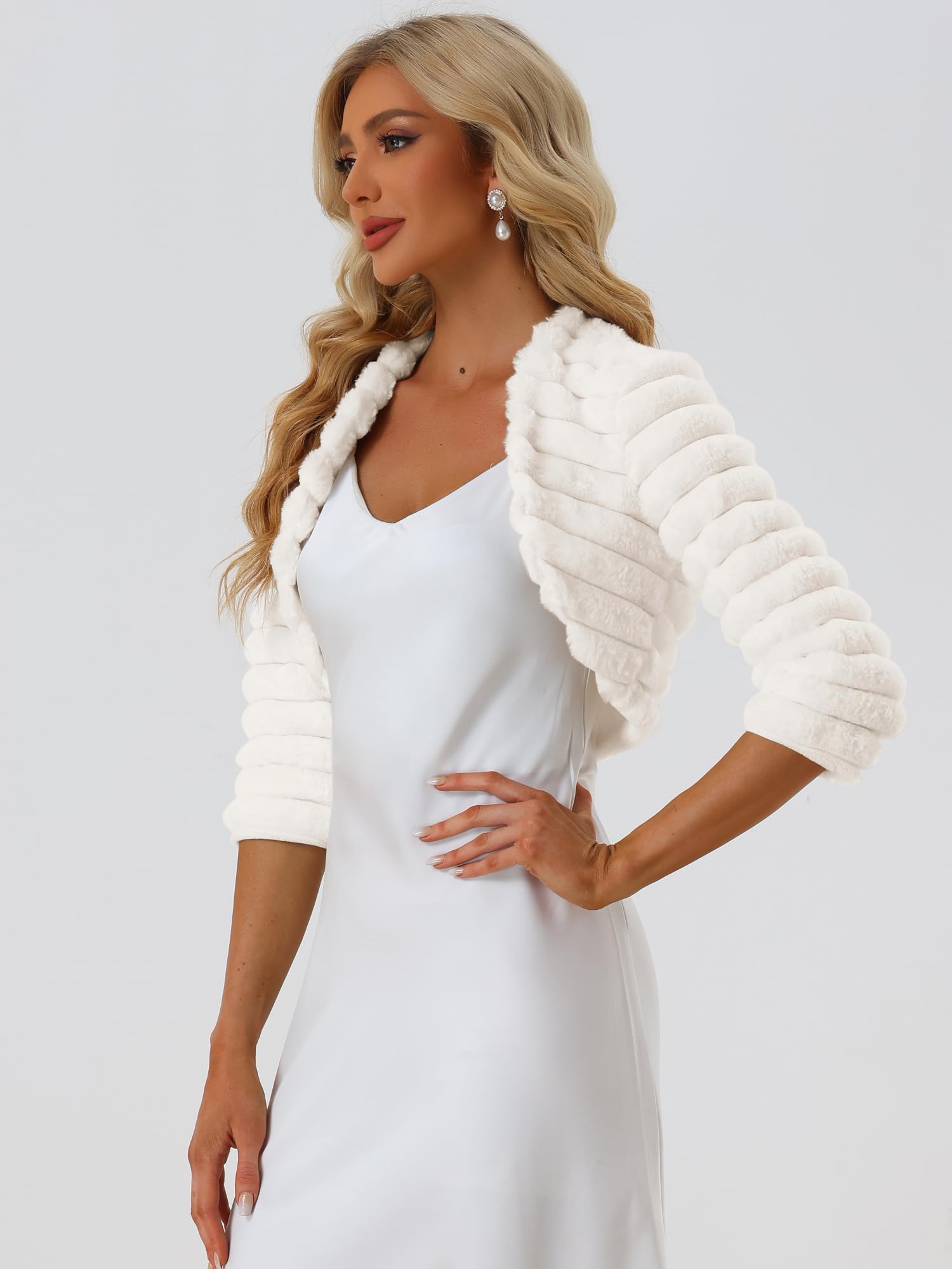 Allegra K Chaqueta Corta para Mujer para Vestidos Bolero Faux Fur Shrug Chaqueta Cárdigan | Chaqueta mullida para vestidos de noche, manga 3/4, abrigo mullido, traje formal de noche, otoño e invierno