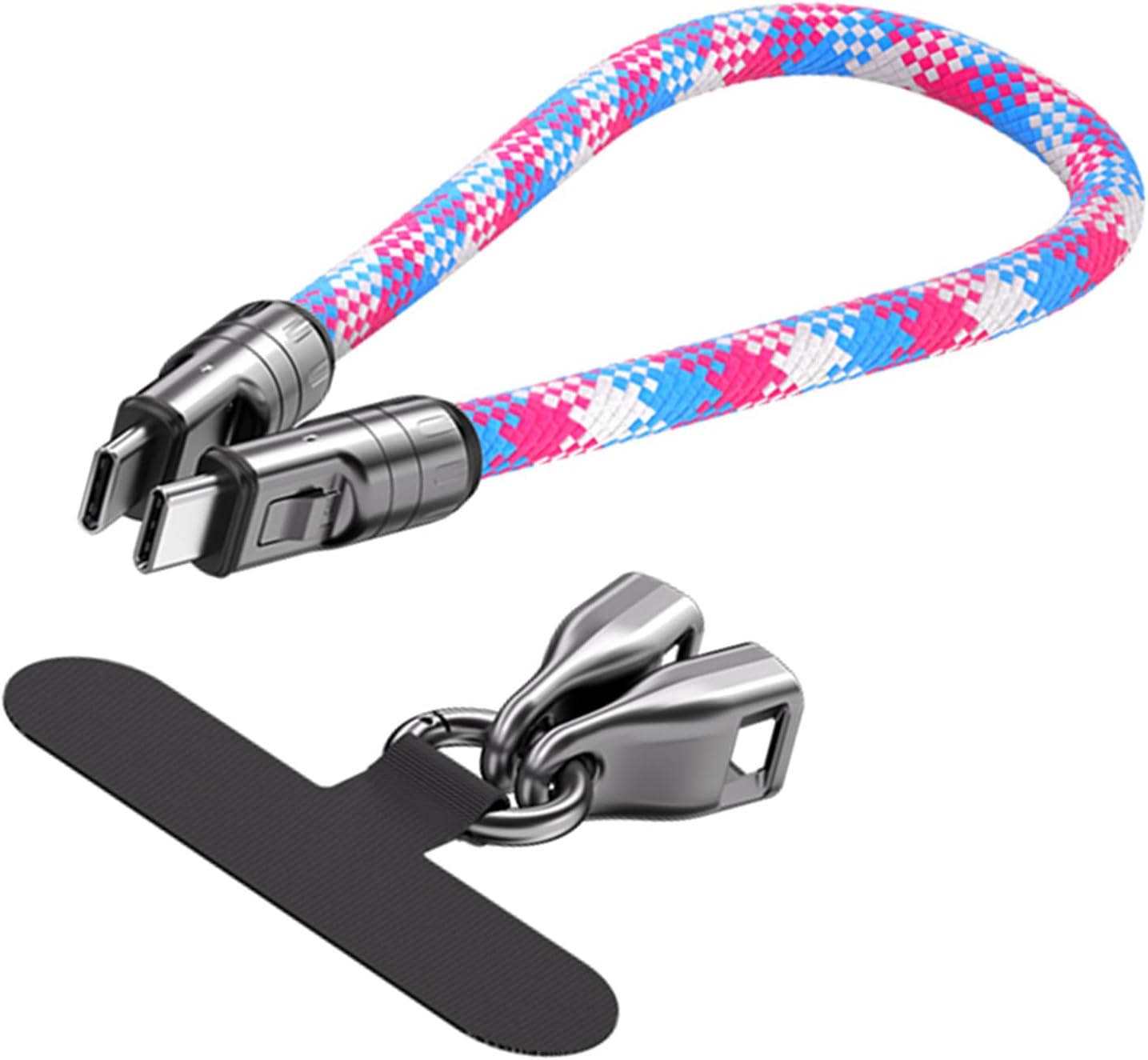 PUSOKEI USB C to USB C Cable 240W PD Fast Charging Braided Cord with Lanyard Wrist Strap, Zinc Alloy Connector Short Charger Cable for Android Laptop Tablet Data Sync Travel (Black) (Black) (Pink)