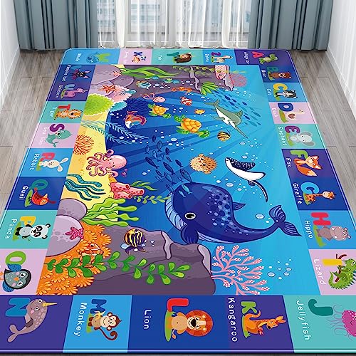 Kids Play Rug, Animals Print Baby Mat for Floor, Kids Rug for Playroom, ABC Educational Rug, Non-Toxic Soft Baby Crawling Mat, Tummy Time Mat, Nursery Rugs (Blue, 78.7X59 INCH)