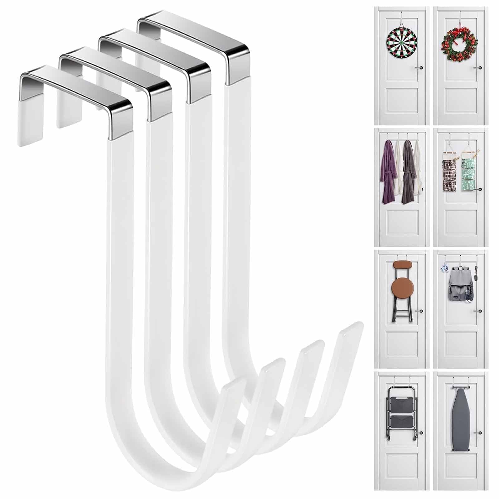 Nooynoeo Write Over Door Hooks Over Door Hangers 4Pcs Dipping Rustproof With Anti-Scratch Thickeningfits Under 3.8 Cm Widths As Over Cabinet Hooks, Christmas Xmas Wreath Hanger, Coat Hook(White)