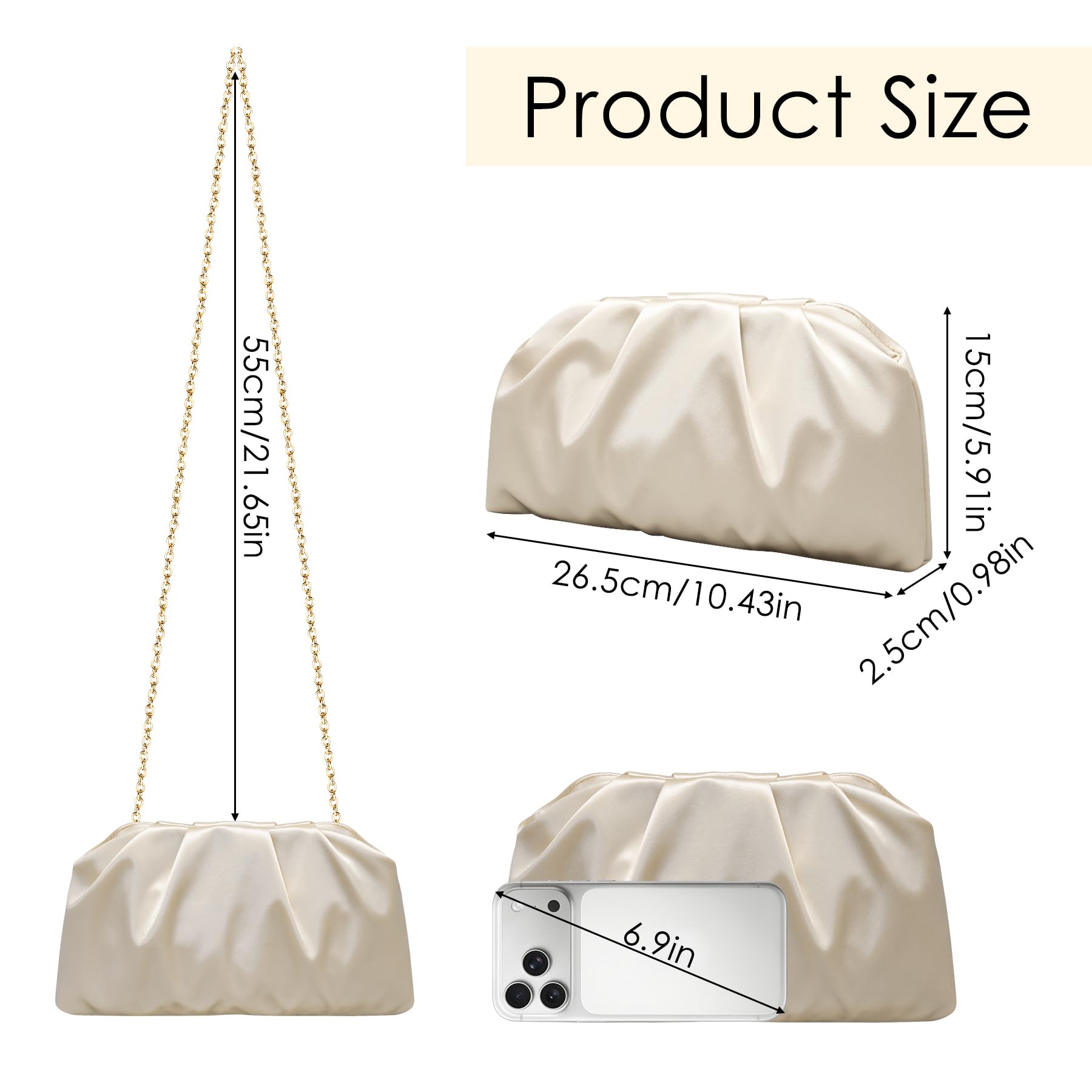 Larcenciel Pochettes et Clutches Femme, Pochette Femme Chic en Satin Champagne avec Design Plissé Élégant, Sac à Main pour Cérémonie Mariage & Soirée, Sac à Bandoulière avec Chaîne Détachable