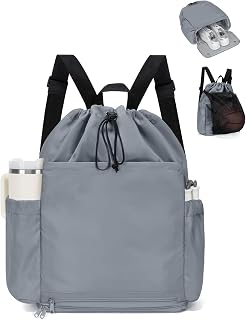Drawstring Backpack with Shoe & Wet Compartments, Cup & Ball Holders, Gray | Hidden Mesh Pocket, Sports Bag for Soccer Basketball Volleyball, String Gym Backpack for Workout Swim Beach, For Women & Men