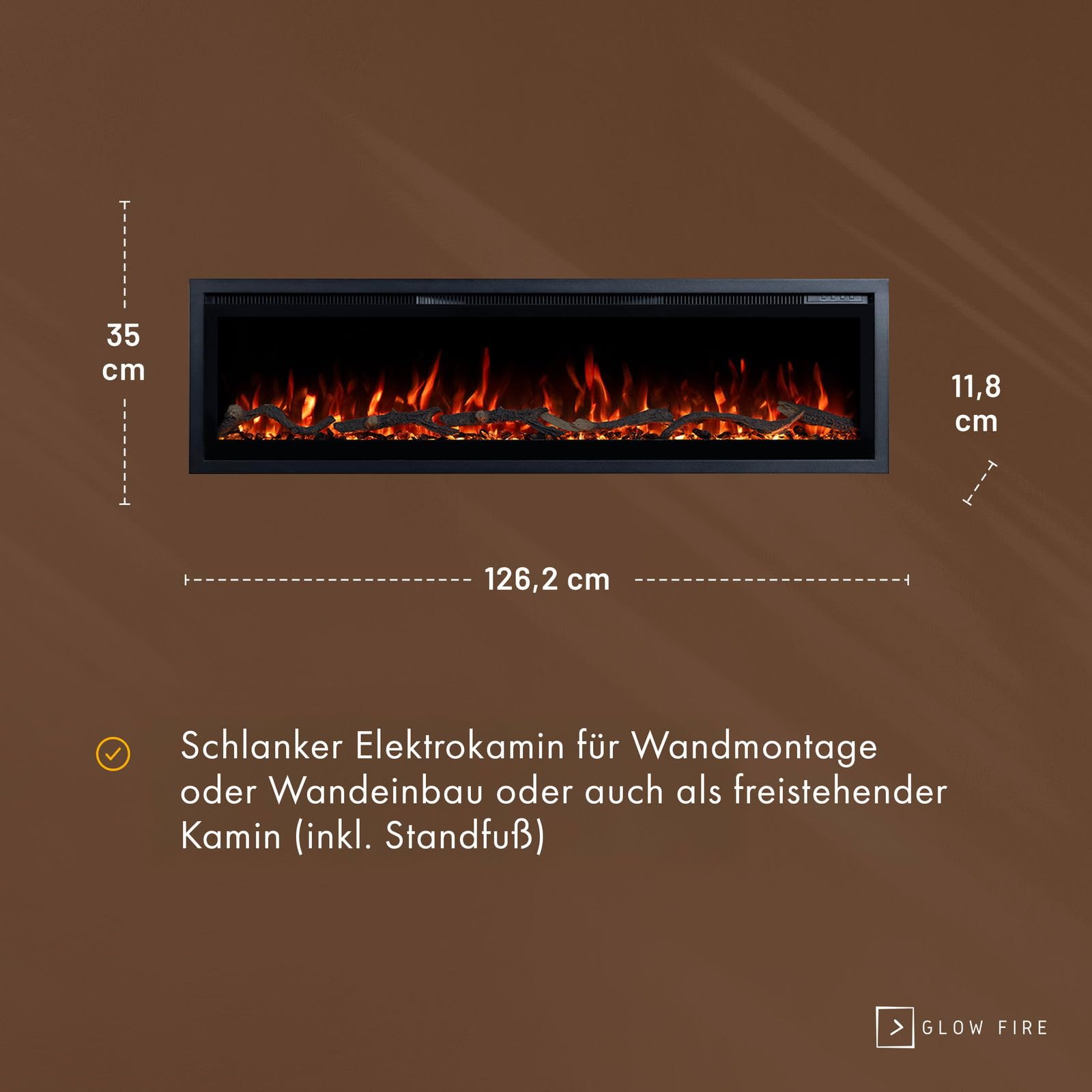 GLOW FIRE Camino elettrico Core 127 con fuoco LED realistico 3D – Camino elettrico da parete con riscaldamento e camino, controllo app, effetto scoppiettante e timer, max. 1800 W, 127 x 35 x 12 cm