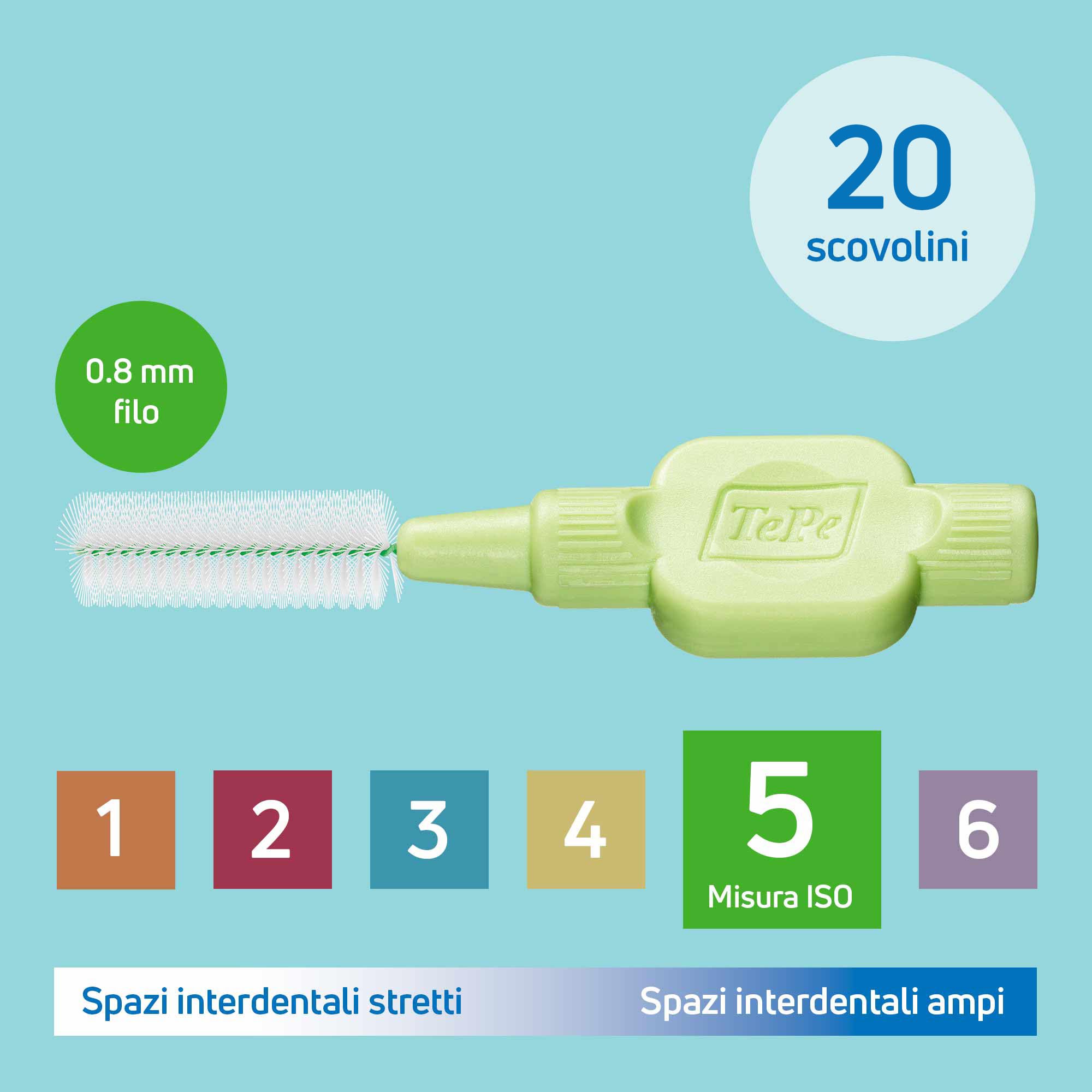 Scovolino TePe, Extra Soft, Verde, 0.20mm/ISO 5, 20pz, rimozione placca, pulizia interdentale efficace, filo dentale, per spazi larghi