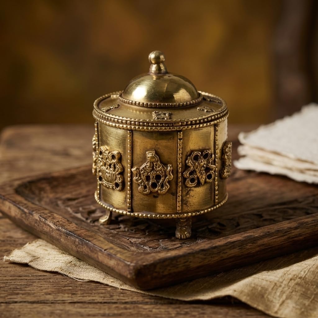 Small Brass Storage Box for Pooja Essentials with Lid, Handcrafted Round Container for Kapur Loban Sambrani Incense, Decorative Brass Organizer for Temple Ritual Use