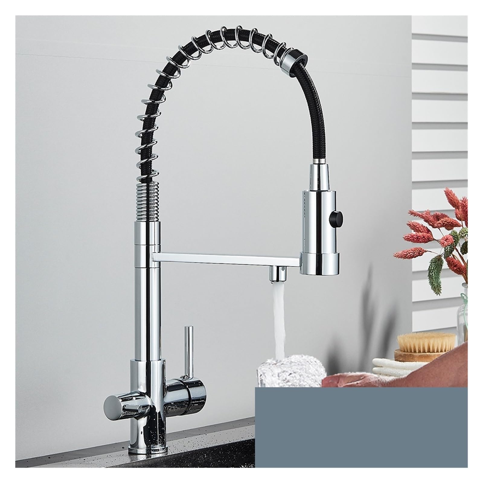 Robinet 3 voies en laiton purificateur avec douchette tirer vers le bas et pistolet gris