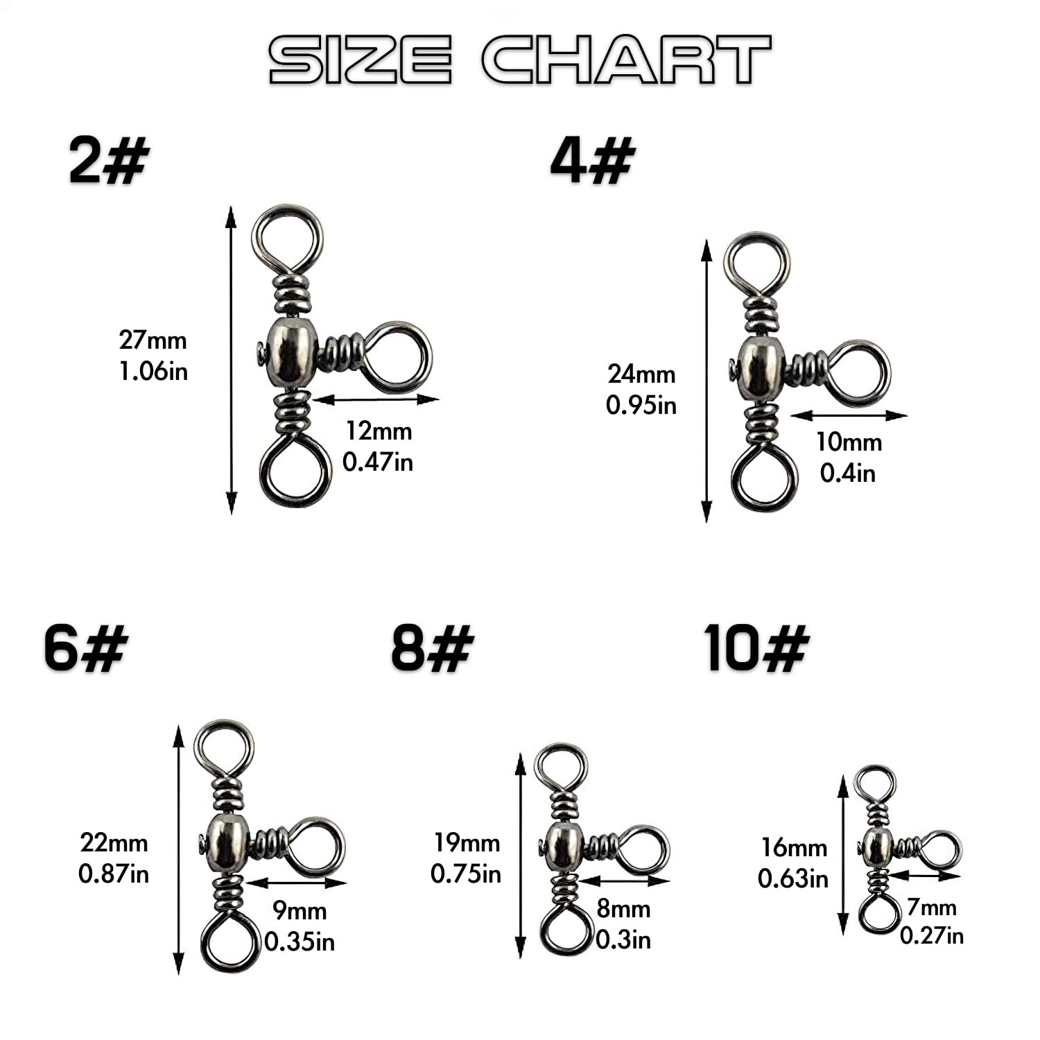 Piscorush 115Pcs Fishing 3 Way Barrel Swivels Set Crossline T-Turn Swivels Fishing Line Lure Hook Connector Copper Saltwater Fishing Tackle Accessories (#2,#4,#6,#8,#10-115Pcs Set) - Image 2
