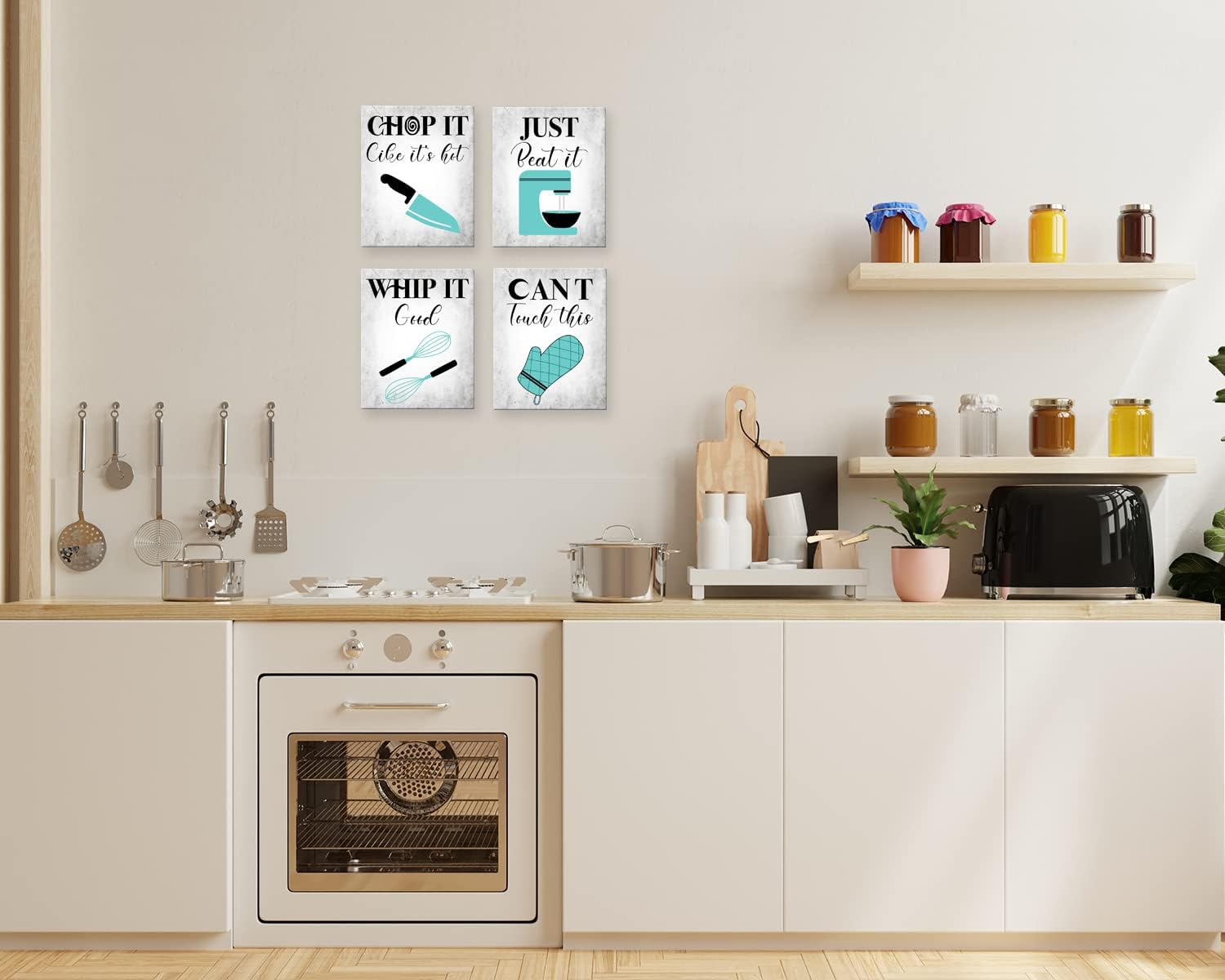 ARTINME Teal Kitchen Quotes Wall Art - Set of 4 Retro Vintage Inspirational Canvas Poster Prints Sign for Dining Room Cafe and Restaurant Home Decorations