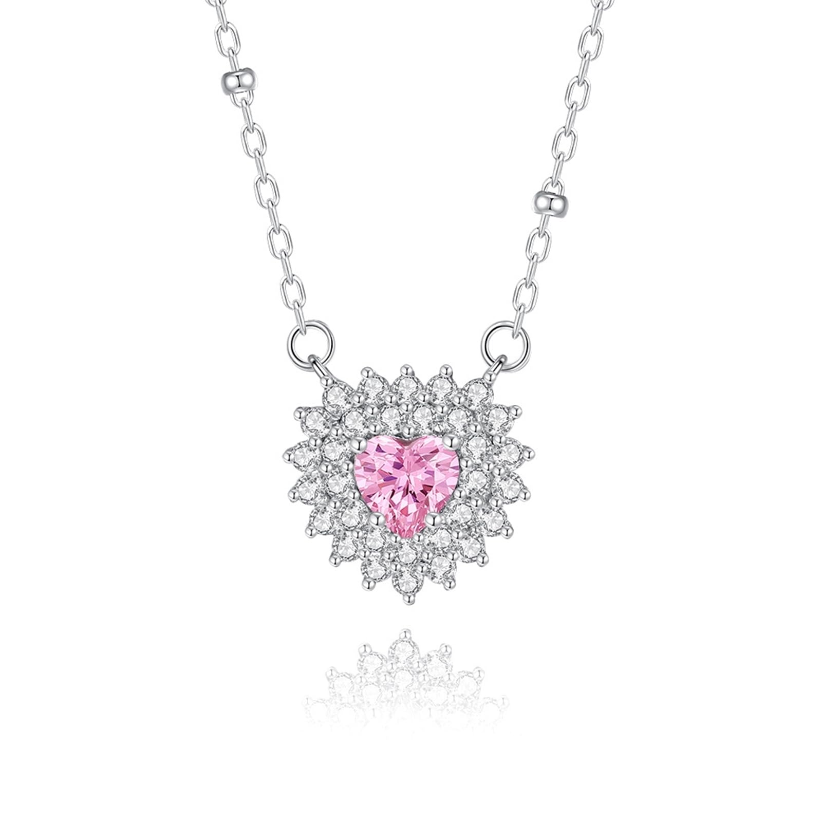 Collares de oro blanco para mujer, collares de plata para mujer, corte de corazón con halo floral, oro blanco/platino