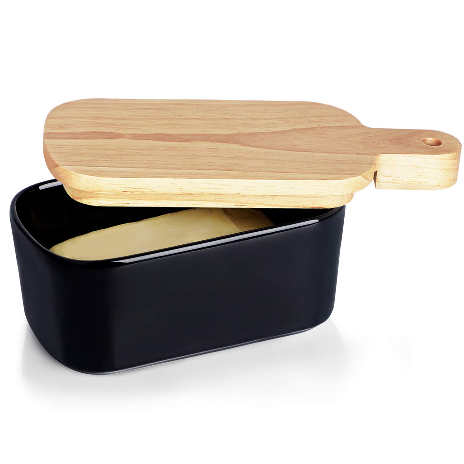GDCZ Porcelain Butter Dish - Large Ceramics Butter Holder with Extended Wooden Lid (4 Sticks of Butter) (Black)