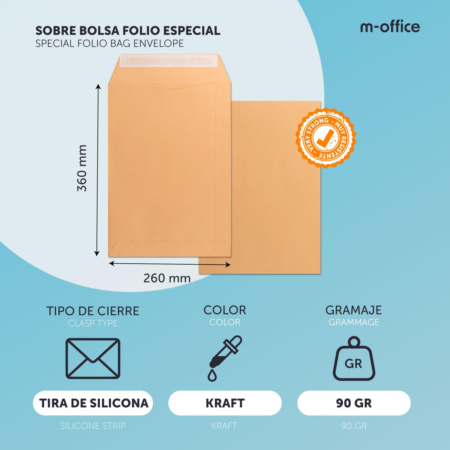 Koperty papierowe, na papierze siarczanowym, specjalny rozmiar foliowy 260 x 360 mm, koperta papierowa z zamknięciem silikonowy pasek do zaproszeń, wysyłki lub przechowywania · m-office (500 sztuk