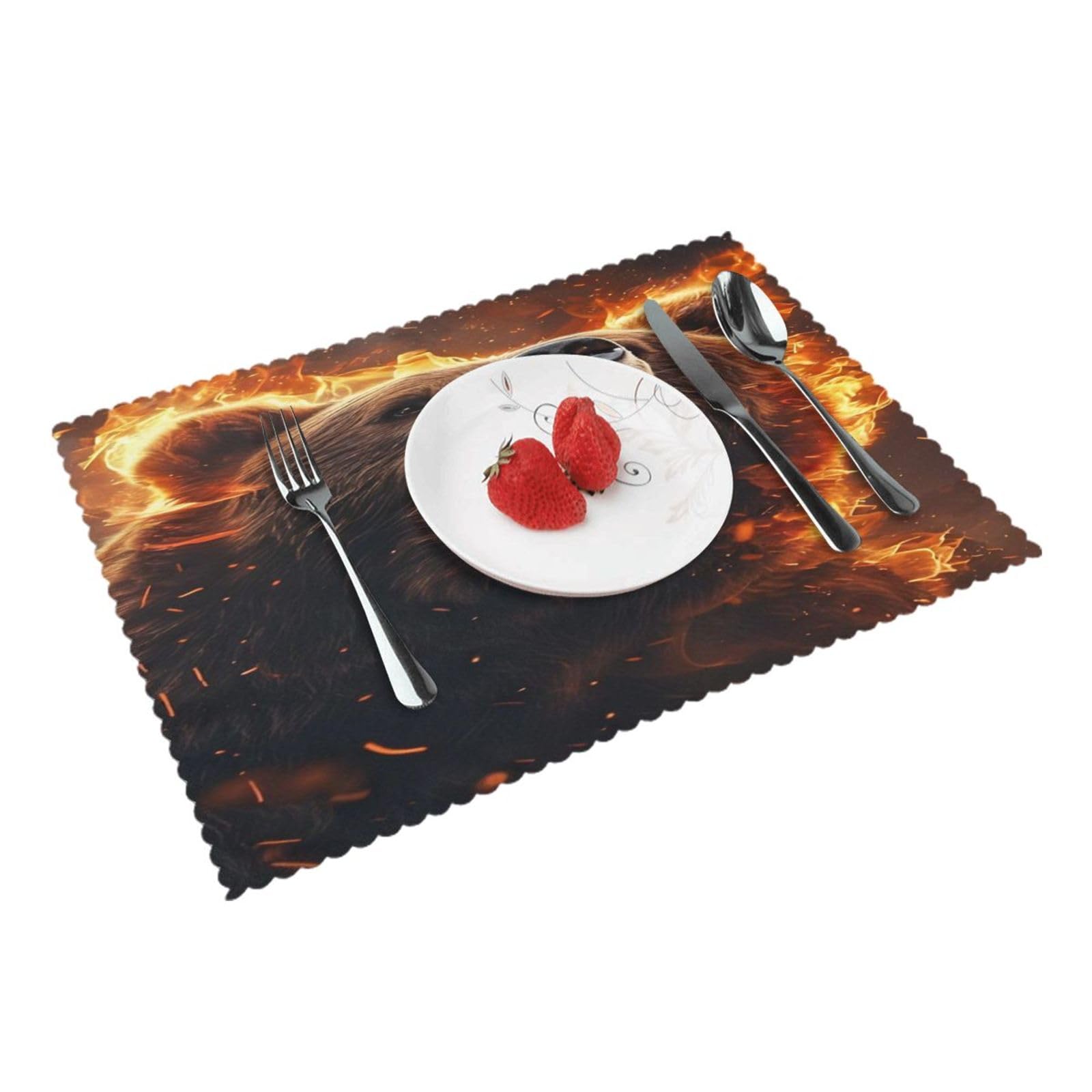 Fiery Bear Roaring Flames (1) Placemats Set of 4 Print Table Mats Place Mats Table Decor for Kitchen Dining 12X18 in