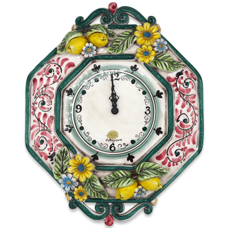 Reloj de cerámica Caltagirone de 43 cm con barroco verde y limones