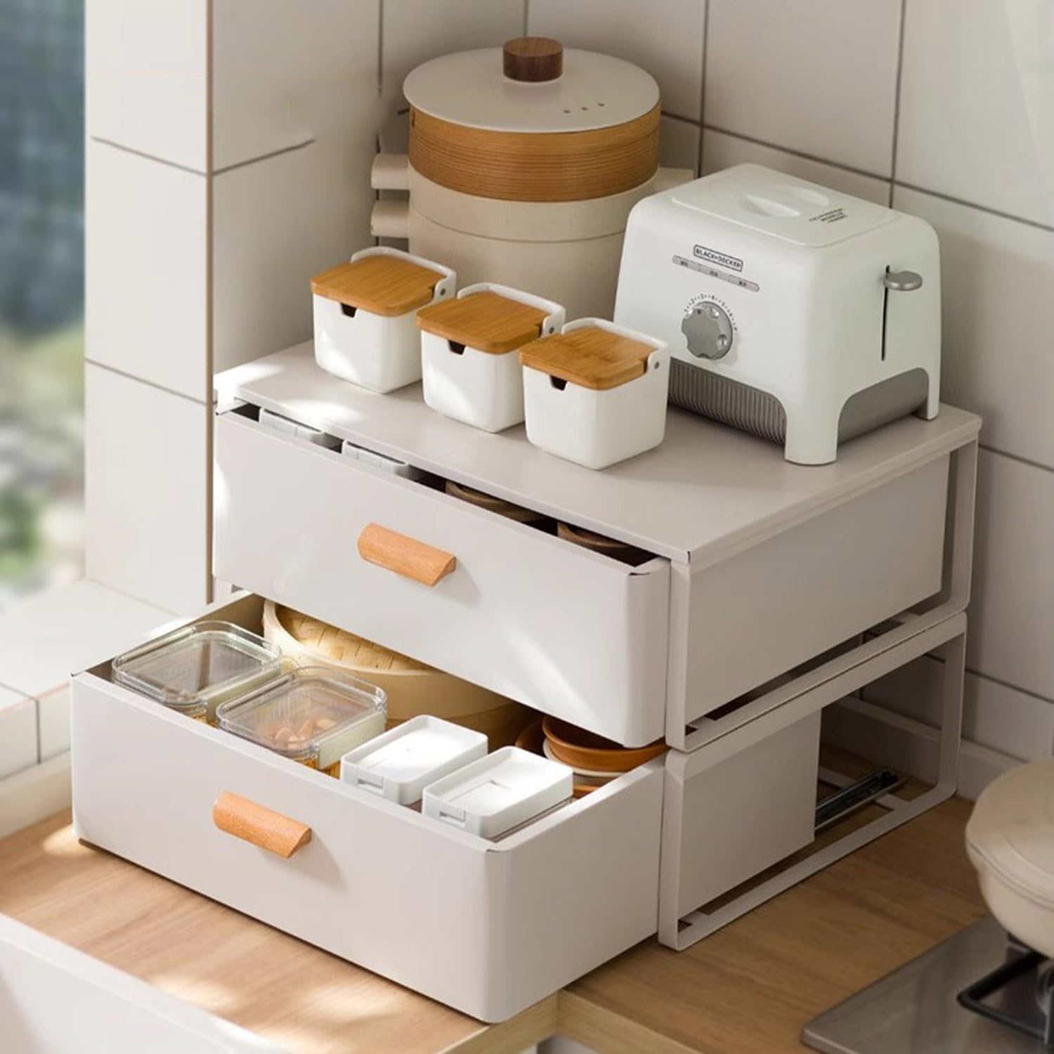 Soporte de acero para microondas con cajones extraíbles, organizador de encimera para microondas compactos, estación de café y almacenamiento de electrodomésticos de cocina, color blanco (50 cm)