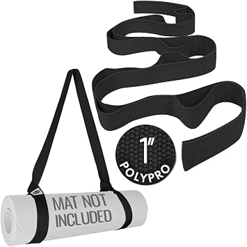 TECEUM Bundle of 2 Items Yoga Mat Strap Black 64 IN & Stretching Strap for Yoga Black Polypropylene 1 Mat Holder Sling For All Mats Leg Strap for Exercising, Physical Therapy