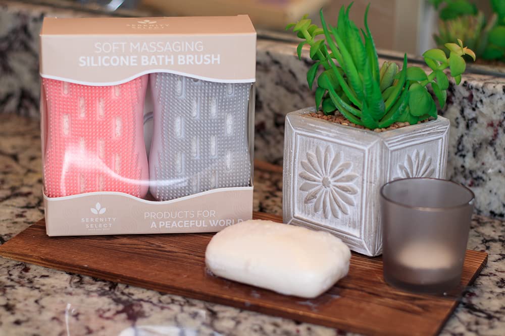 Cepillo exfoliante de silicona para baño o ducha de doble cara, esponja de lufa con esponja integrada – Limpia, masajea y estimula la circulación, paquete de 2 - rosa/gris