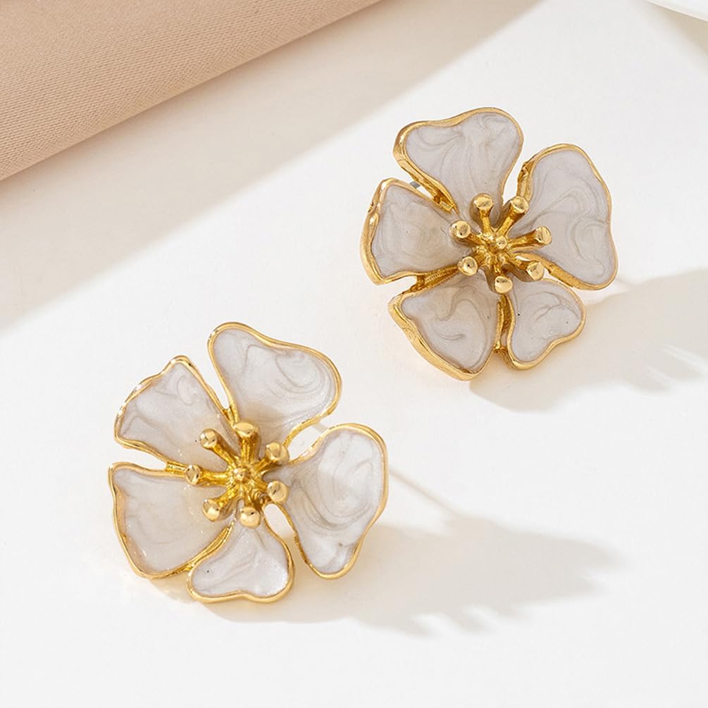 Delicate White Oil-Drip Enamel Flower Stud Y2K Earrings for Women, Vintage Sweet Floral Petal Earring Trendy Party Holiday Costume Jewelry Accessories - Image 6