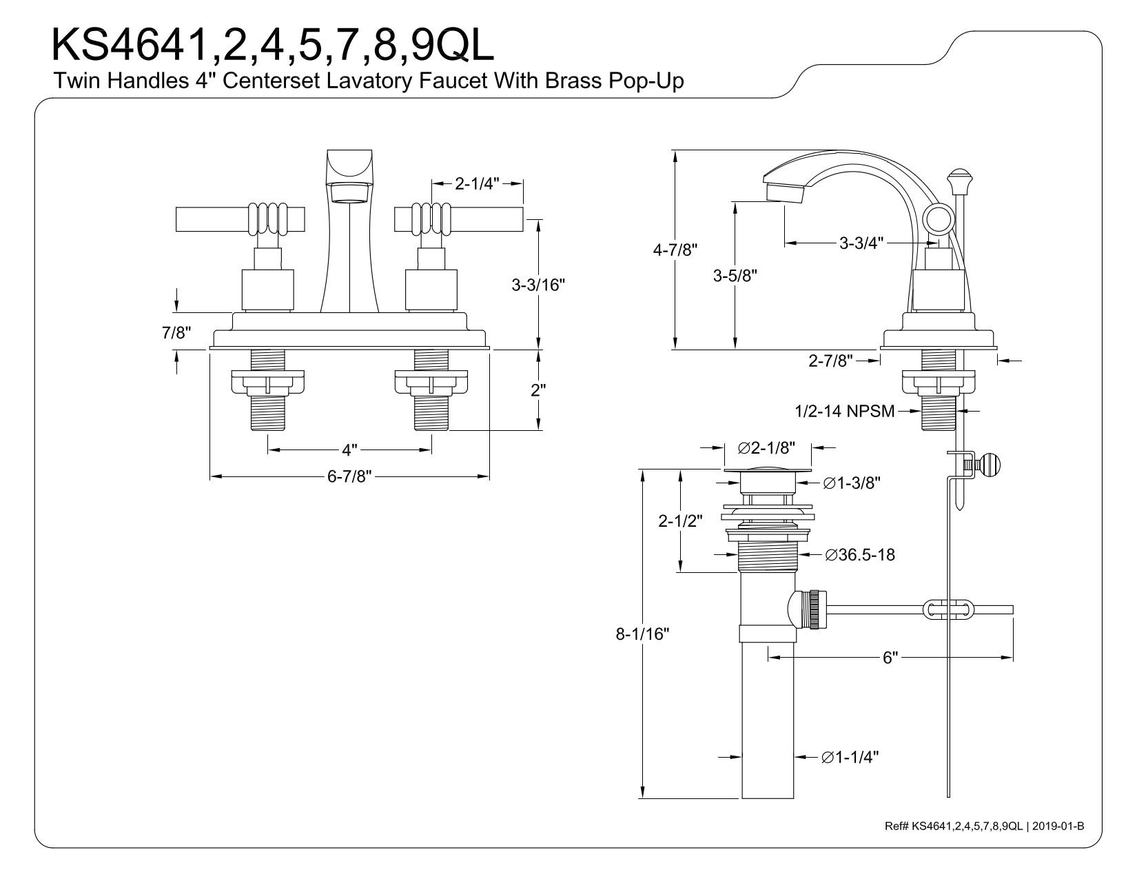 Maneje Kingston Brass KS4641QL Two 4 pulg. Para lavamanos con lat-n pop-up