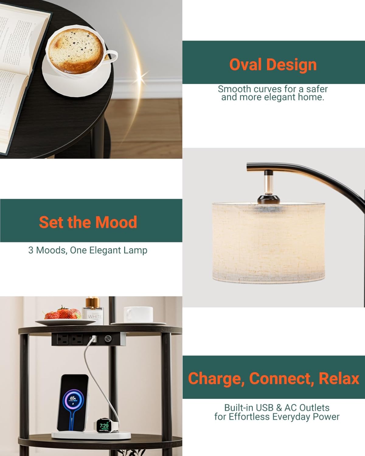 Round Side Table with Lamp and USB Ports, 3-Tier Small End Table for Living Room & Bedroom, Rustic Wood Metal Nightstand for Small Spaces, Easy to Assemble, Charcoal Wenge