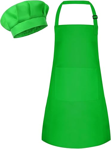 Miniatura 8 de Conjunto de Delantal y Gorro de Chef para Niños, Delantal Infantil Ajustable con 2 Bolsillos, para Niños Chef y Pintura, Cocinar, Hornear Azul