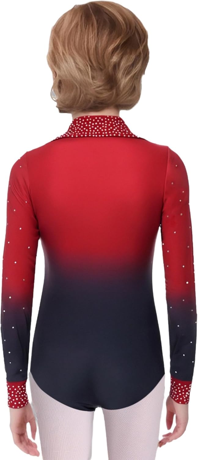 Kids Boys Ice Skating Outfit Rhinestone Gradient Dance Leotard with Bell Bottom Pants Latin Ballroom Dancewear