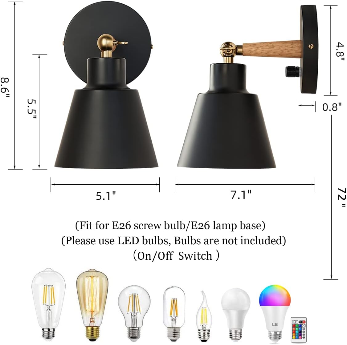 ClanKin Wall Sconces Lighting Fixture Set of 2, Bedside Wall Mounted Reading Lamp with On-Off Switch for Industrial Bedroom, Bathroom Hallway Living Room(2Pack-Black with Swtich)
