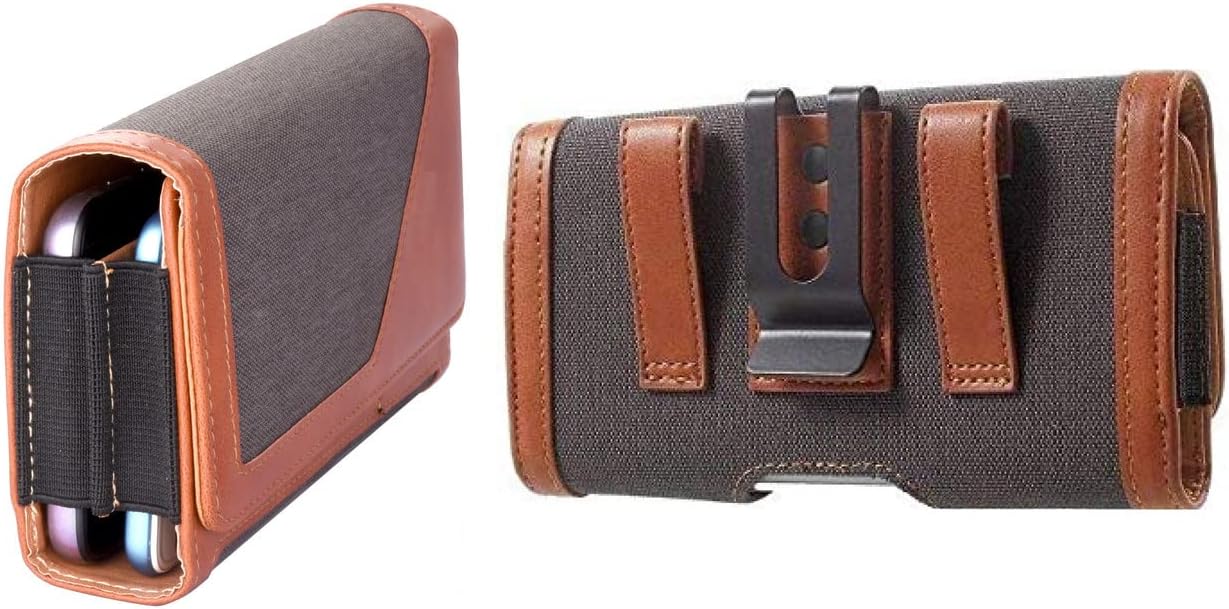 HARITECH Dual Phone Holster Canvas Belt Pouch Case Double Decker Belt Clip Case for Apple iPhone 12 Pro Max (6.7 Inch) (Brown)