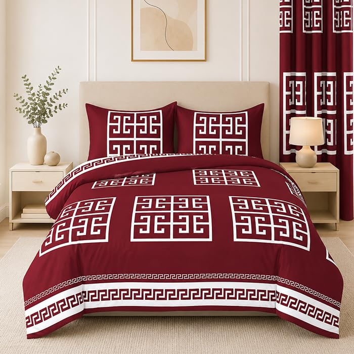 Duvet Greek King Duvet Cover Set Red โ Soft Bedding Set with 2 Pillowcases โ Easy Care Quilt Cover