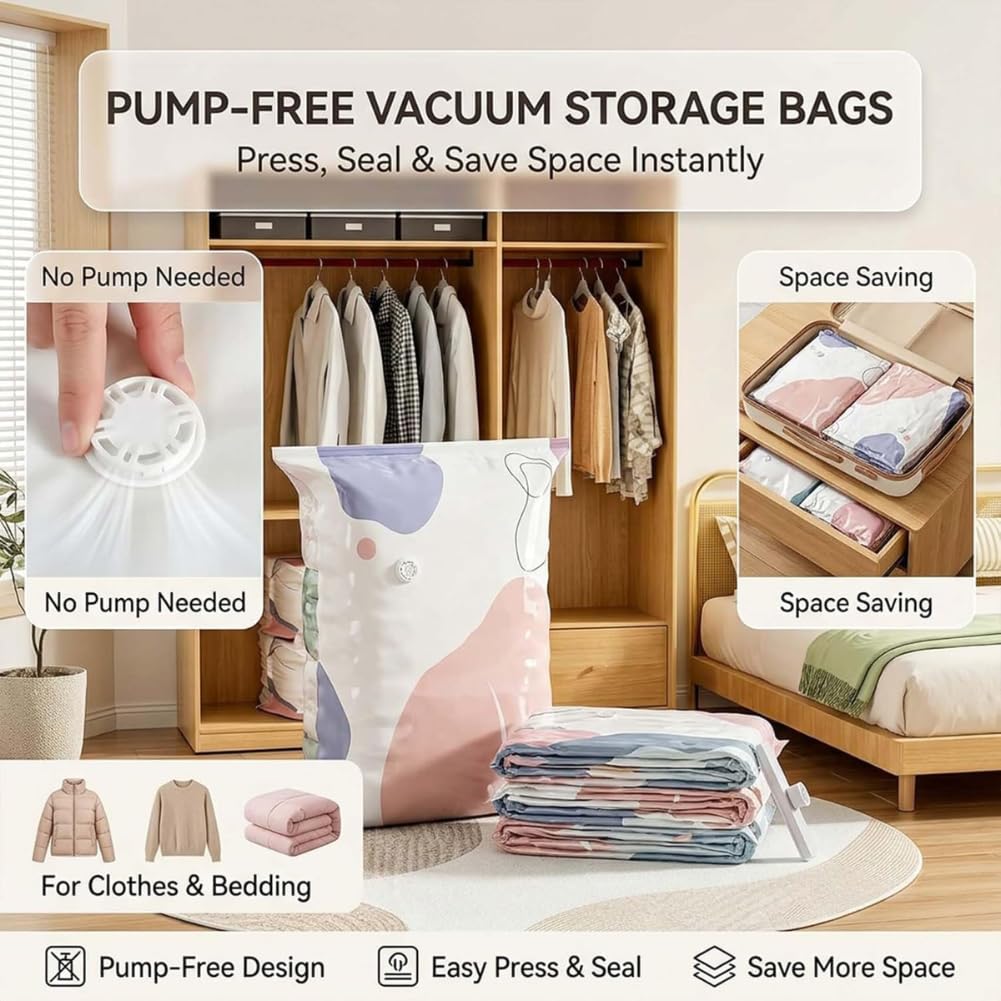 Bolsas de Almacenamiento al Vacío sin Bomba - Compresión Rápida en 3 Segundos, Bolsas de Viaje de Alta Resistencia sin Bomba, Bolsas Cúbicas Grandes Reutilizables (L(80x100x30cm)*6PCS)