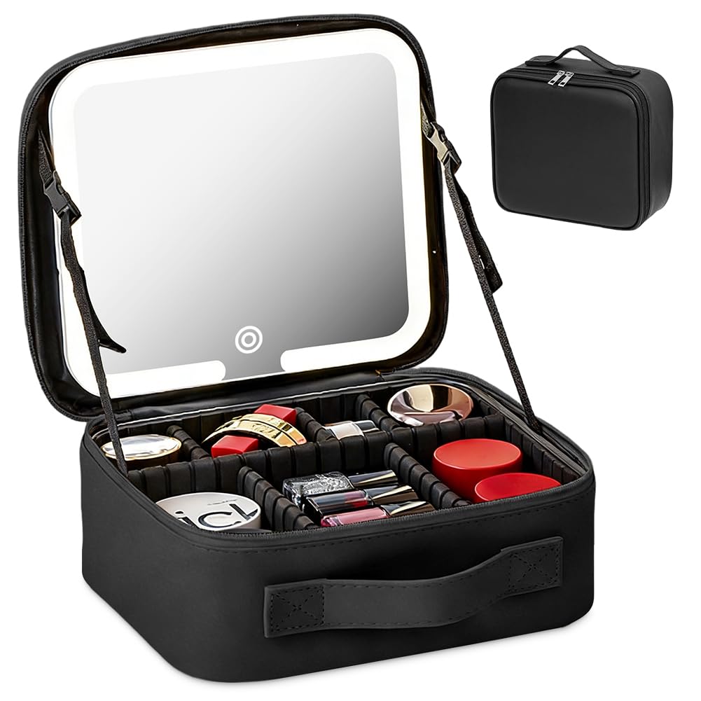 Trousse per cosmetici con specchio e luce, da viaggio con specchio illuminato, 3 colori LED, per trucco, da viaggio, con scomparti, Nero , Beauty case