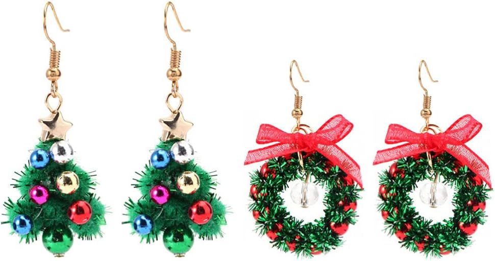 Abaodam Christmas Earrings for Women Shinning Xmas Tree& Flower Wreath Drop Dangle Earrings- 2 Pairs Holiday Earrings for Women Girls Christmas Party Gifts Christmas Jewelry Accessories