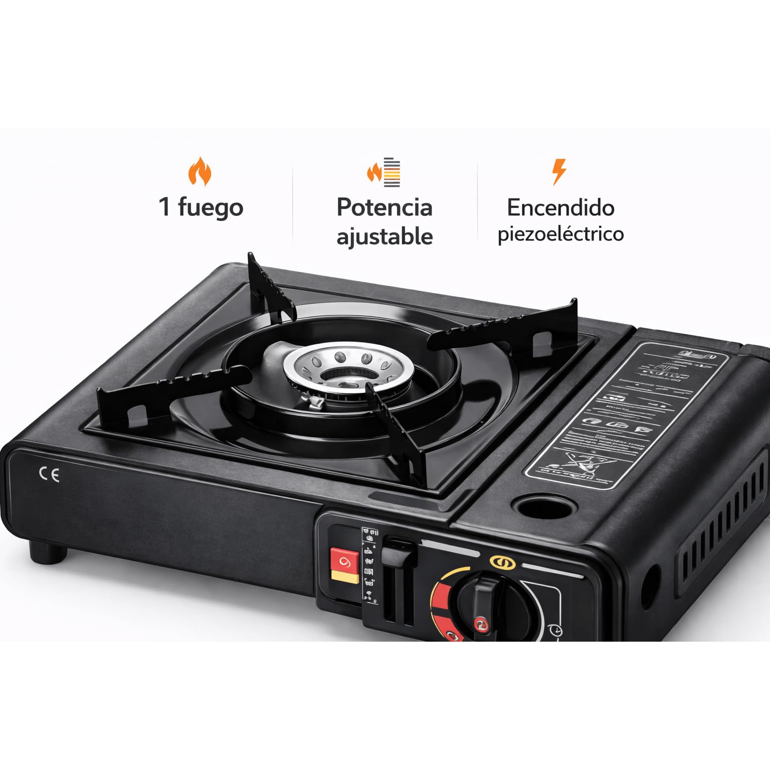 Cocina de gas portátil de 1 fuego con maletín, hornillo camping gas dual para cartucho 227 g o botella externa, encendido piezoeléctrico, potencia regulable, cocina compacta para camping