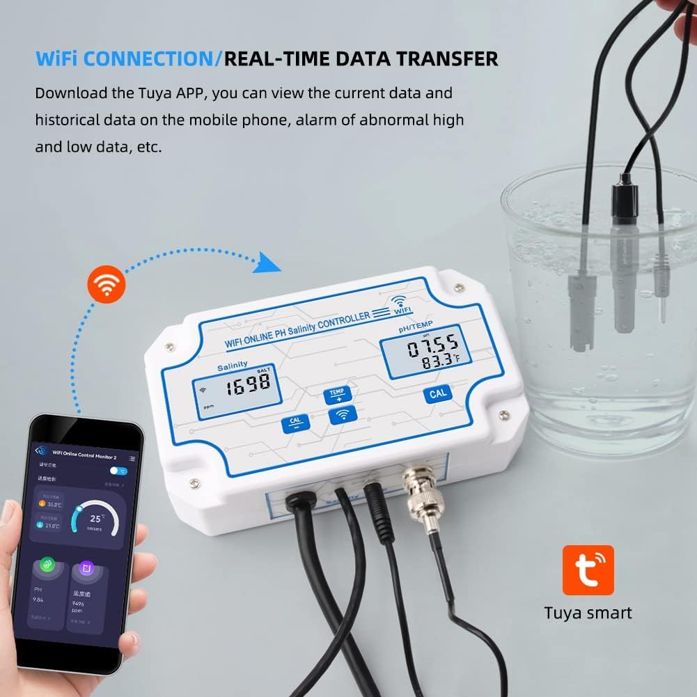 WiFi Pool Salt Tester and pH Monitor, Aquarium pH Monitor with pH Controller Online, Salinity Tester for Saltwater Pool Koi Fish Pond Aquaculture Aquarium Desalination Tuya APP Control