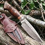 BIGCAT ROAR Wild Tiger - Cuchillo Caza Acero de Damasco Artesanal 25 4 cm - Mango Madera Nogal y Funda Cuero - EDC Bushcraft Campo Monte y Supervivencia - Regalo Hombres Cazadores o Coleccionistas