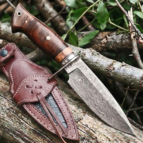 Imagen de BIGCAT ROAR Wild Tiger Cuchillo Caza Acero de Damasco Artesanal 25 4 cm Mango Madera Nogal y Funda Cuero EDC Bushcraft Campo Monte y Supervivencia Regalo Hombres Cazadores o Coleccionistas