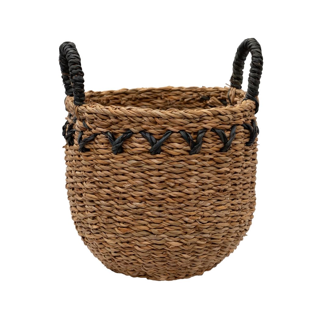 Arthur Cameron – Haora Handwoven Artisanal Storage – Decorative Seagrass Basket with Black Detailing & Tapered Base, Versatile Planter Basket with Handles for Stylish Home Organisation (Medium)
