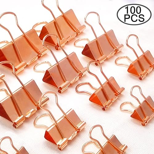 Miniatura 2 de 100 abrazaderas de papel con clip de carpeta lyfLux para suministros escolares de oficina, 4 tamaños de 0.591 in0.748 in0.984 in1.260 in (oro rosa)