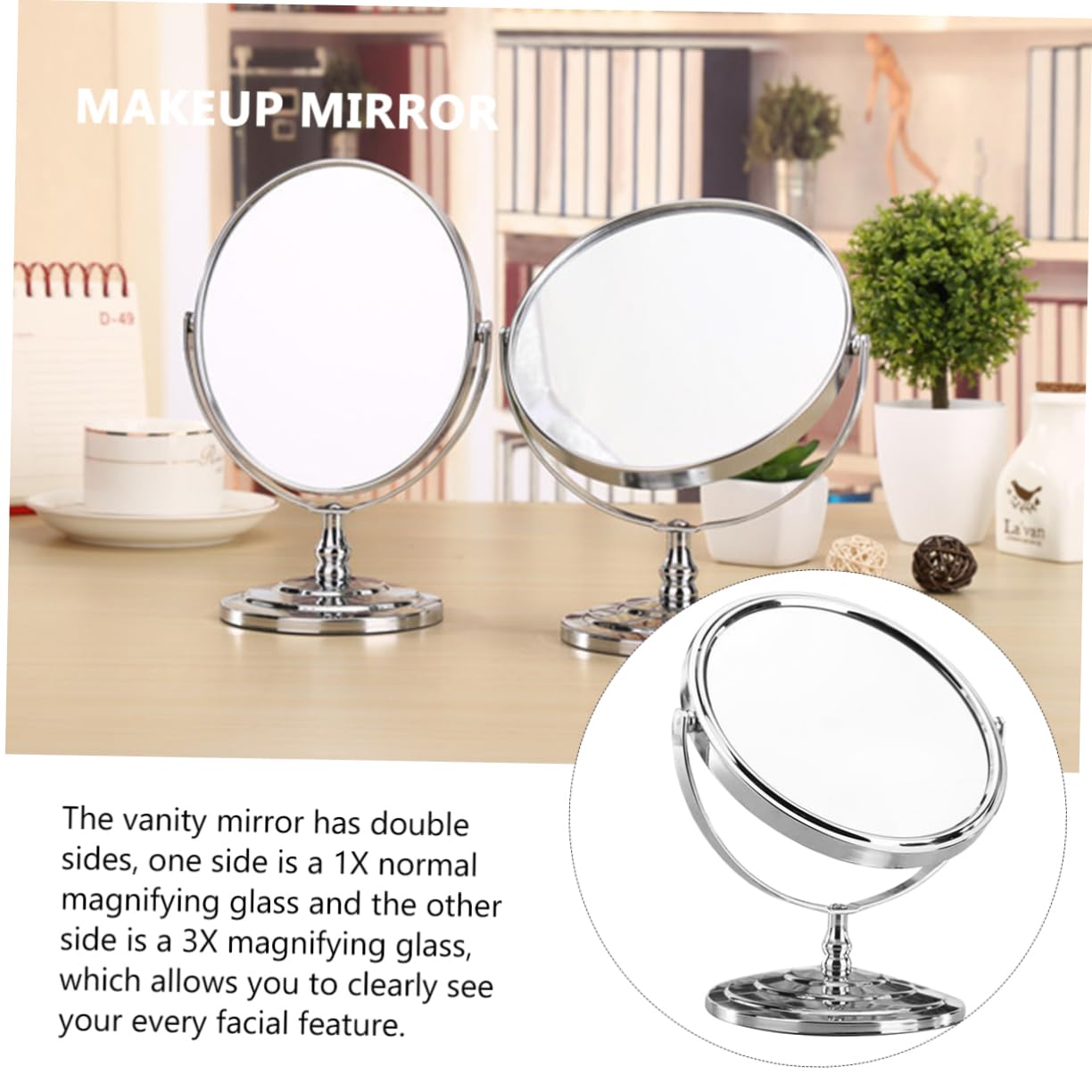 Doppelseitiger Vergrößerungs Schminkspiegel Schwenkbar für Tisch und Stand | Silber, Metall und Glas, Klare Sicht, Praktisch für Rasur und Make Up Am Schreibtisch