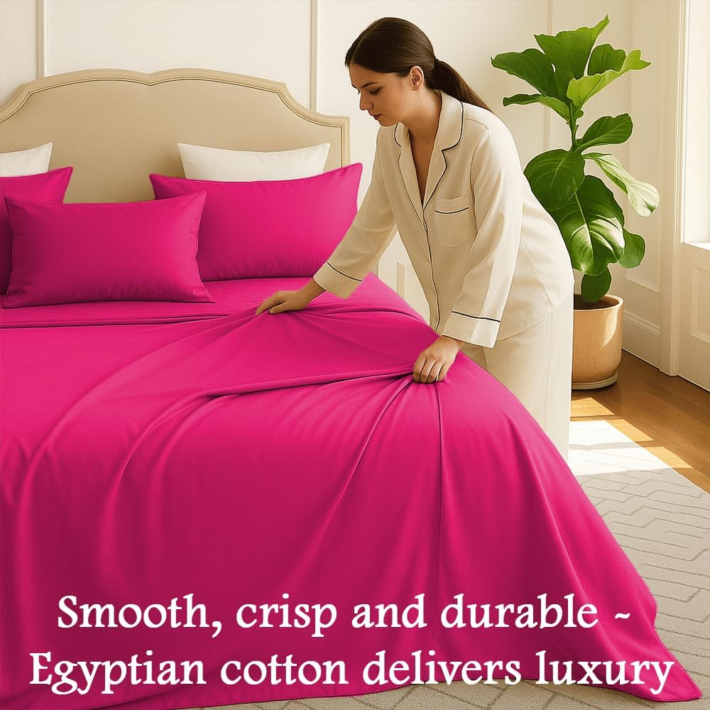 Egyptian Cotton Flat Bed Sheet – Grand King Size, 500 Thread Count Top Sheet Only, Super Soft Cooling Cotton Bedding, Luxury Hotel Quality All Season Sheet Solid Hot Pink