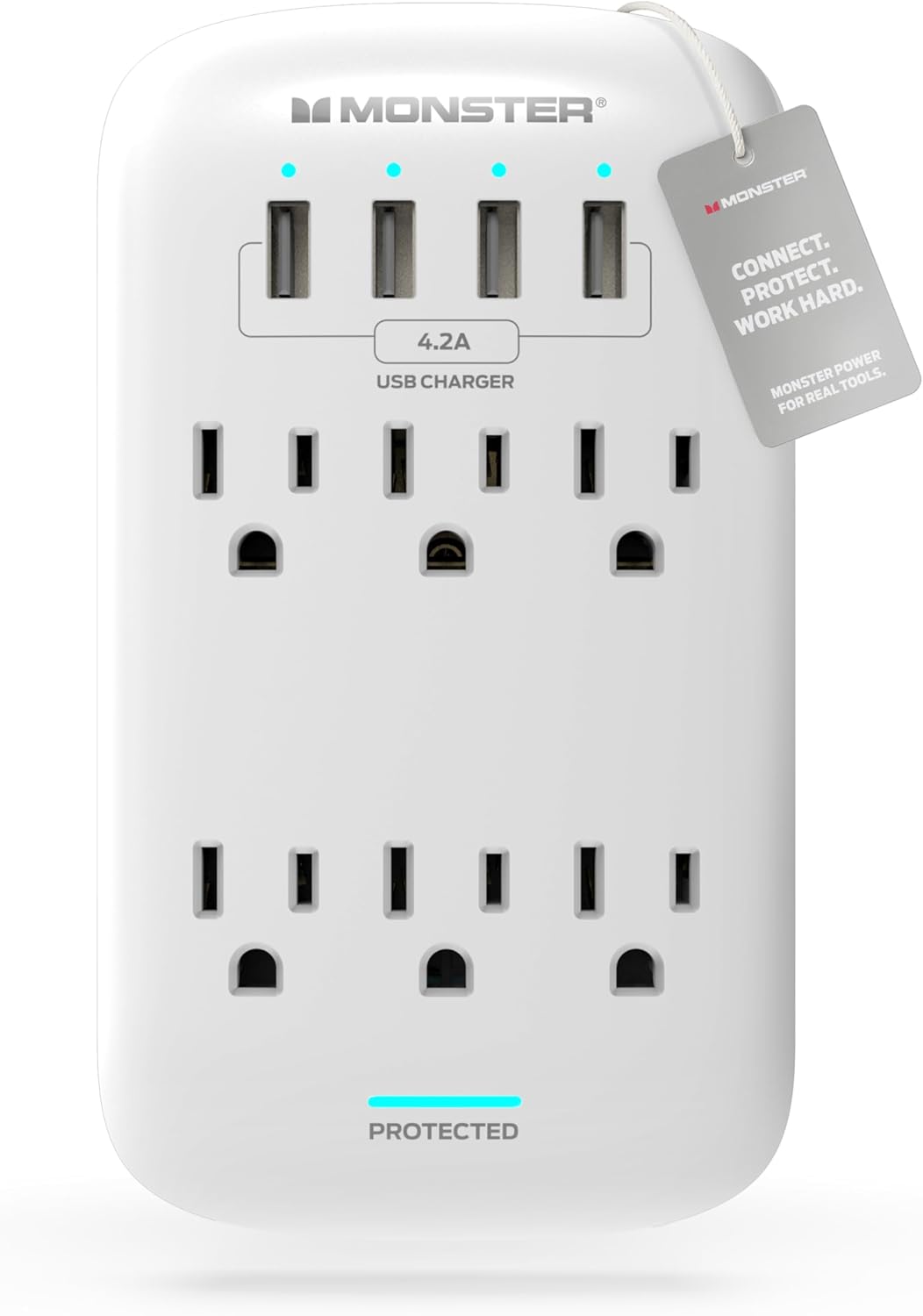 Monster Surge Protector Power Strip, 6 Outlets, 4 USB Ports, 120V, 4.2A, Type B Plug, 980 Joules Surge Protection, White, Metal Oxide Enclosure