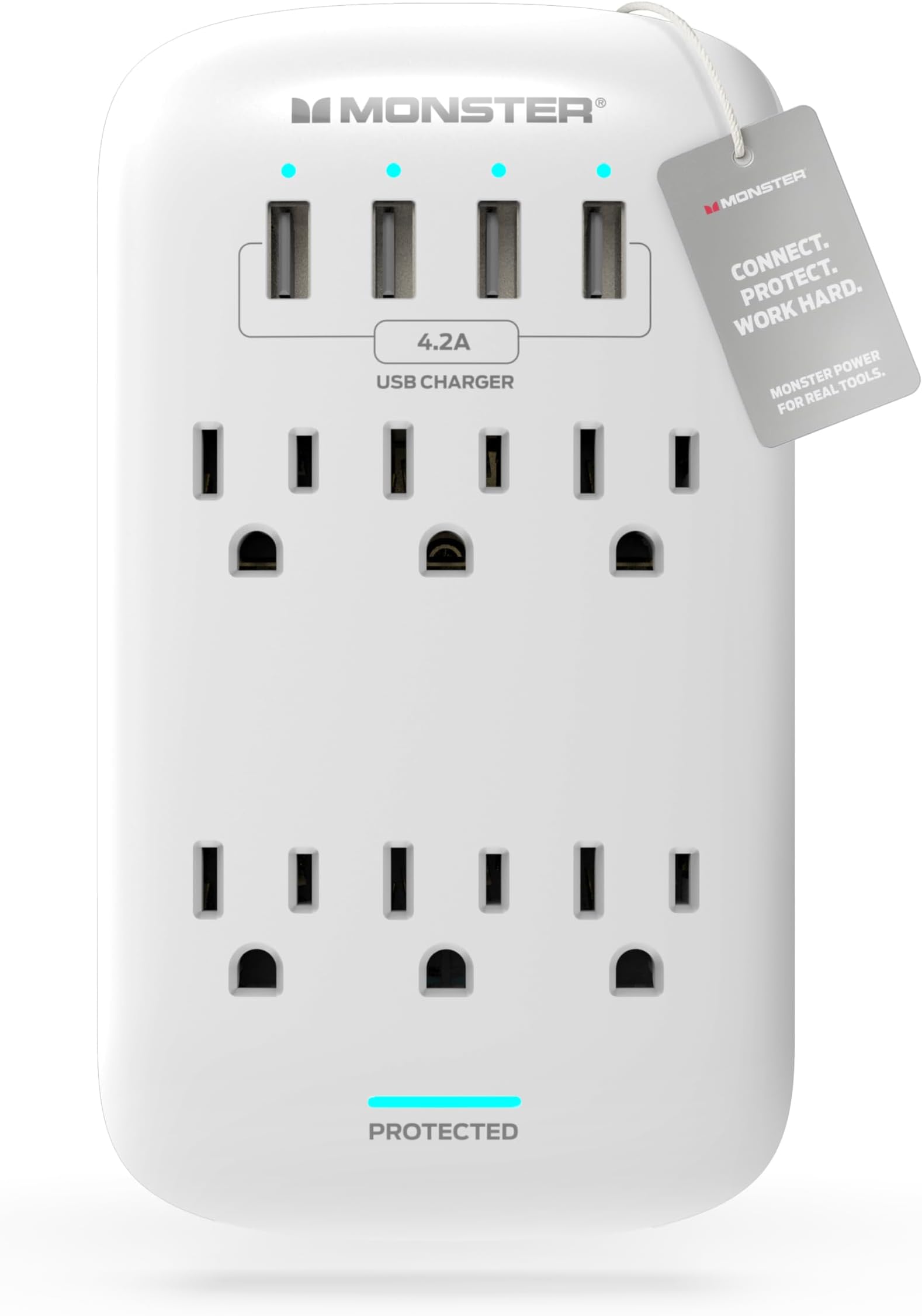 Monster Surge Protector Power Strip, 6 Outlets, 4 USB Ports, 120V, 4.2A, Type B Plug, 980 Joules Surge Protection, White, Metal Oxide Enclosure
