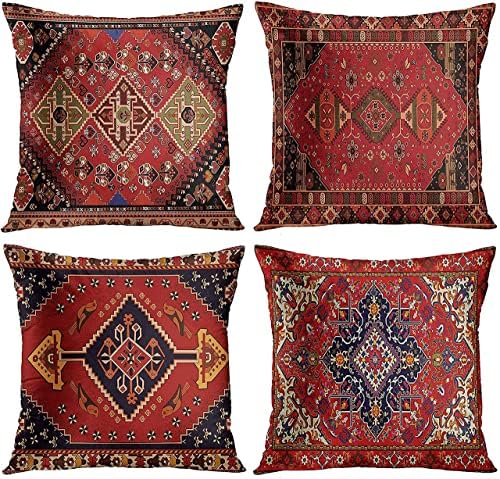 Emvency Set of 4 Throw Pillow Covers Tribal Abstract Red and Black Vintage Persian Carpet Pattern Decorative Pillow Cases Home Decor Standard Square 20x20 Inches Floral Pillowcases