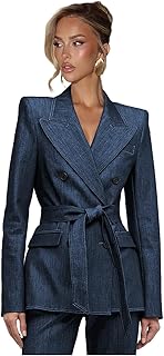 Denim Womens Suit with Belt 2 Piece Set V Neck Suits for Women 6 Button Blazer Wide Leg Pant Suits for Women Dressy