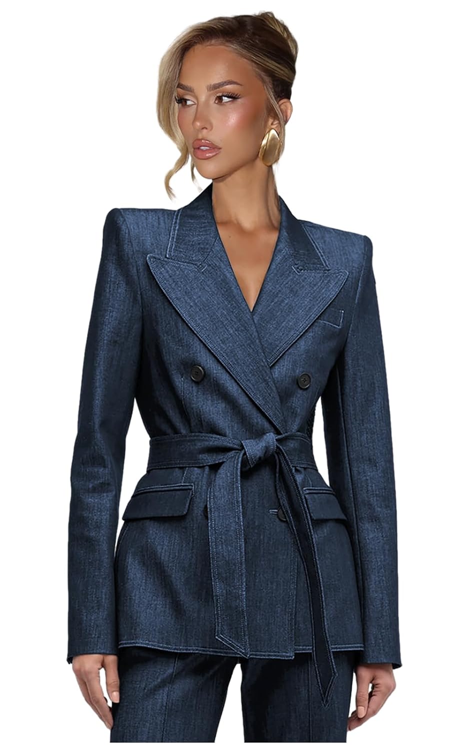 Denim Womens Suit with Belt 2 Piece Set V Neck Suits for Women 6 Button Blazer Wide Leg
