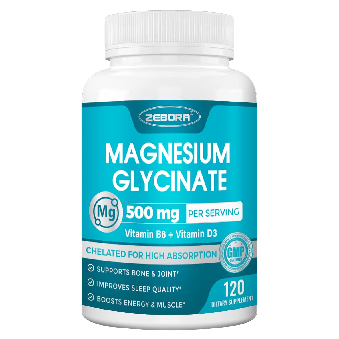 ZEBORA Magnesium Glycinate 500mg with Vitamins B6 & D3, 120 Capsules 120 Count (Pack of 1)