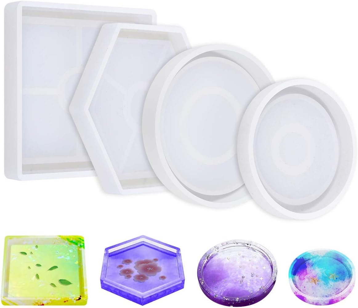 PGXT DIY Coaster Silicone Mold, Pack of 4 Resin Molds for Casting Eco-Friendly Sturdy Hexagon Square Round Mold Bottom Bracket for Casting with Resin,Concrete,Cement